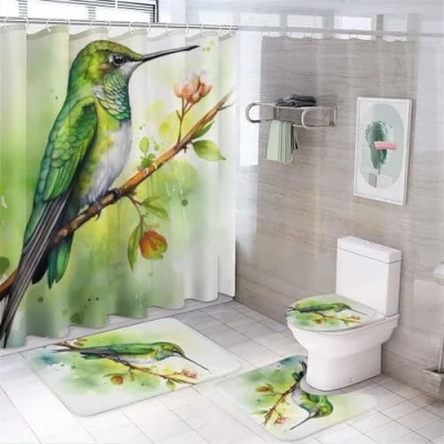 Image of FOCCAR Branch Hummingbird Shower Curtain Sets for Bathroom, 4 Pieces Watercolor Nature Birds Bathroom Decor Set Waterproof Curtains with 12 Hooks Toilet Lid Rug And Bath Mat