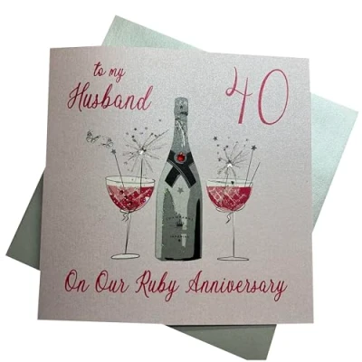 Image of white cotton cards Large to My Husband Ruby Wedding, Handmade 40th Anniversary Card, White, XLBD40H