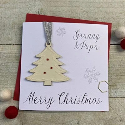 Image of Granny &amp; Papa Christmas Tree Glittered Wooden Bauble (XB1 GRYP) Handmade by White Cotton Cards