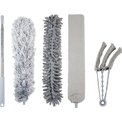 Image of St Helens Home and Garden Universal 5 Piece Professional Duster Cleaning Kit With Extendable Long Handle Bendable Heads Telescopic Pole for Walls, Ceiling Fan, Radiators, Shelves, Tops Blinds