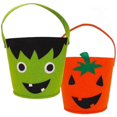 Image of Basket Trick Or Treat Pumpkin Handbag Tote Bags Loot Bucket Halloween Candy Bag (Orange &amp; Green)