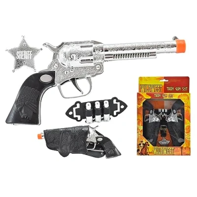 Image of Wild West Cowboy Sheriff Twin Gun Dress Up Set Complete with Holster Belt Two Toy Guns, Bullets and Badge, Kids Pretend Role Play Fancy Playset (10 Piece