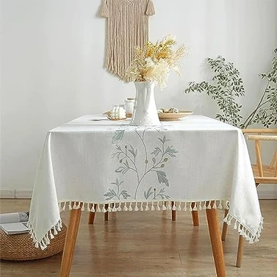 Image of Pahajim Tablecloths Rectangular Washable Cotton Linen Tablecloth Anti Wrinkle Tassel Design Fabric for kitchen, Dining room, Outdoor Garden Tabletop.(55 x 102 Inch)
