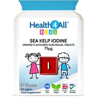 Image of Health4All Kids Sea Kelp Iodine 75mcg Sublingual 90 Tablets (V) Vegan. Natural for Children Supports Learning and Growth, Orange Flavoured Chewable