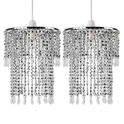 Image of Pair of Modern Sparkling Chrome Acrylic Crystal Jewel Bead Effect Ceiling Pendant Light Shades with 10w LED GLS Bulbs [3000K Warm White]