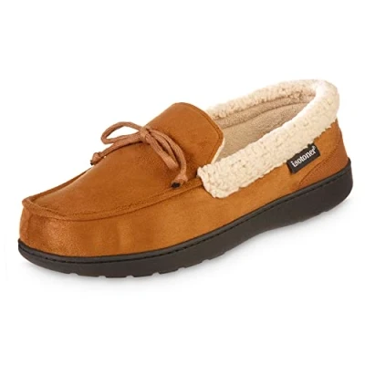 Image of Isotoner Men&#039;s Recycled Advanced Memory Foam Microsuede Vincent Eco Comfort Moccasin Slippers, Cognac, 7/8 UK