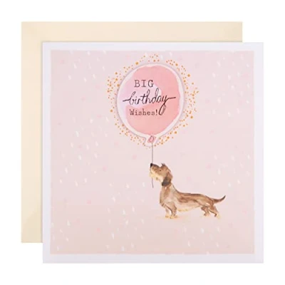 Image of Hallmark Birthday Card Contemporary Illustrated Sausage Dog and Balloon Design
