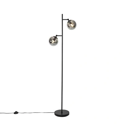 Image of Qazqa Art Deco Floor lamp Black with Smoke Glass 2 Light Pallon Suitable for LED E14 Steel Living Room I Bedroom