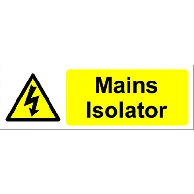 Image of Warning Mains Isolator Electrical Safety Sign Self Adhesive Sticker 300mm x 100mm