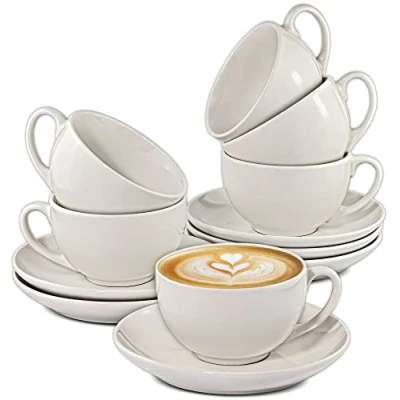 Image of Cosumy 6 White Ceramic Cappuccino Cups with Saucers 180 ml Gift Box Dishwasher Safe
