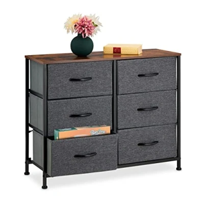 Image of Relaxdays Chest of Drawers, HWD: 63x80x30 cm, Metal, 6 Fabric Compartments, Shelf in Modern Wooden Look, Grey/Brown