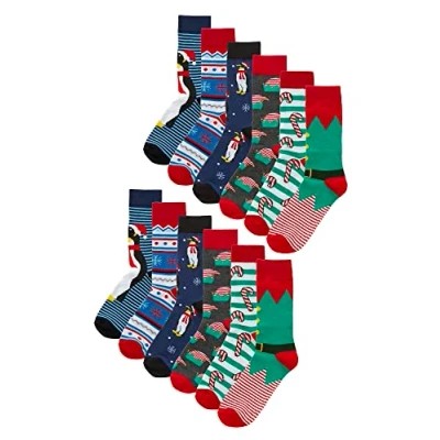 Image of 12 Pair Multipack Mens Christmas Design Socks Breathable Cotton Colorful Novelty Pattern Xmas (6 11, Assorted)