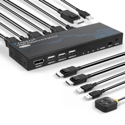 Image of TCNEWCL DisplayPort KVM Switch 4K@60Hz, 4 Port DP for Computer Share 1 Monitor and Keyboard Mouse Printer, Included Cables USB