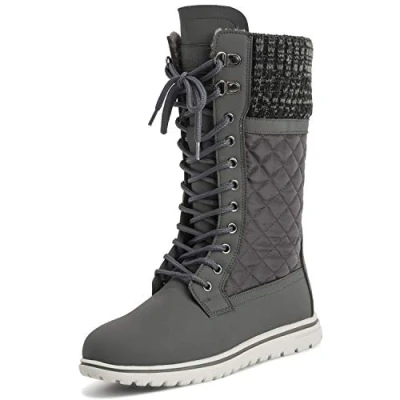 Image of Polar Boot Womens Tall Durable Faux Fur Winter Rain Snow Waterproof Outdoor Calf Boots, Grey Nylon Quilted Cardy, 5 UK