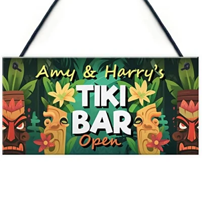 Image of Red Ocean Tiki Bar OPEN Hanging Garden Sign Personalised Pub Plaque Beer Cocktails Beach Decoration Friendship Gift
