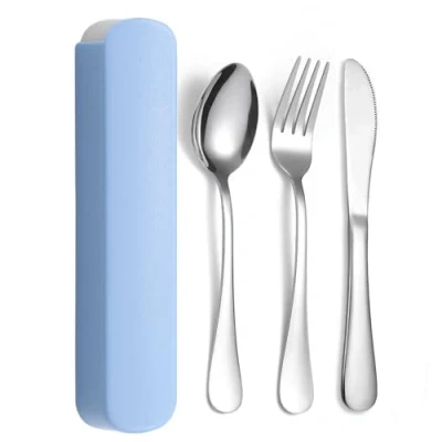 Image of JIEYUCHU Camping Cutlery 3 Pcs, Set with Portable Case, Stainless Steel Flatware Utensil Knife, Fork, Spoon for Outdoor Travel Picnic Office School Lunch(Blue)