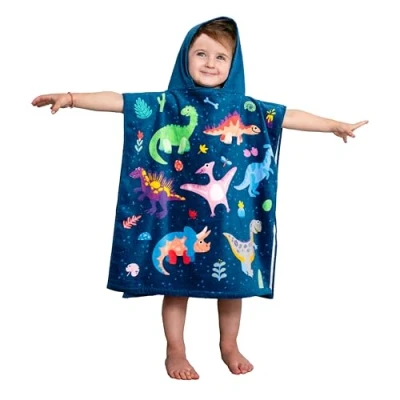 Image of Children&#039;s Poncho, Bath Hooded Towel, Towel with Hood for Boys and Girls, 100% Cotton (Dinosaur)