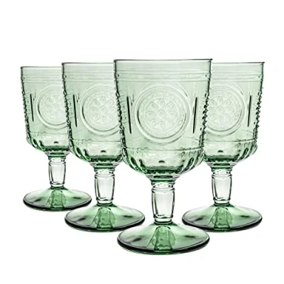Image of Bormioli Rocco Romantic Wine Glasses Floral Decorated Boho Red White Stemware Goblets 320ml Green Pack of 8