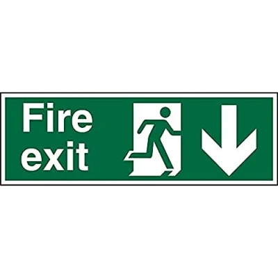 Image of Seco Fire Exit Exit, Man Running Right, Arrow Pointing Down Sign, 450mm x 150mm Self Adhesive Vinyl, White