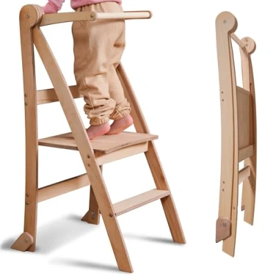 Image of Wooden Montessori Learning Tower Space Saving: Foldable Tower, Stool for Children, Kids&#039; Step Stool, with Anti Tip Protection