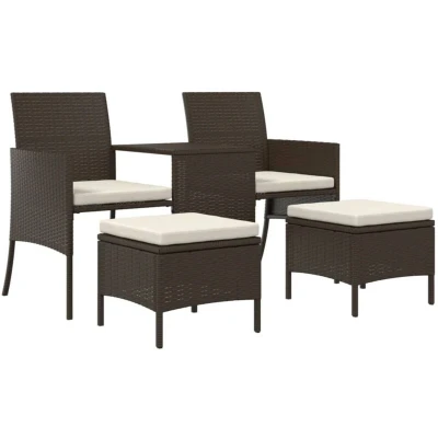 Image of vidaXL Garden Sofa 2 Seater with Table and Stools Brown Poly Rattan