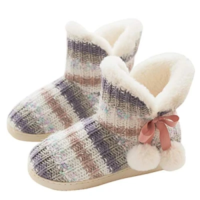 Image of Rojeam Winter Boots Slippers Knitted Women Men Home Booties Plush House Shoes Indoor Outdoor Pink Size 6/6.5 UK
