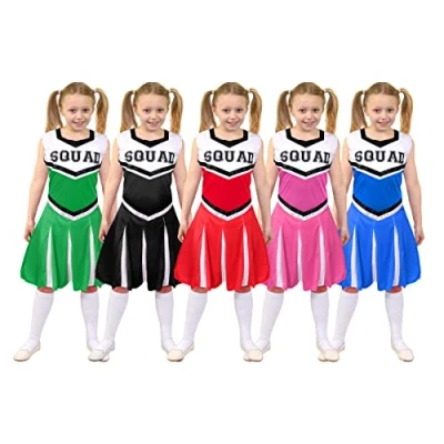Image of Girls Cheerleader Fancy Dress Costume in Green Childrens Cheer Captain American Style Outfit (8 10 Years)