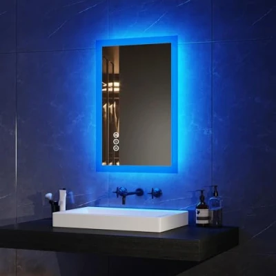 Image of EMKE Bluetooth Bathroom Mirror with Shaver Socket, 400 x 600 mm Blue Atmosphere Illuminated 3 Color Tone, Dimmable, Memory Function, Demister Wall Mounted Vanity