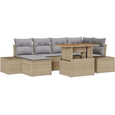 Image of vidaXL 7 Piece Garden Dining Set with Cushions Beige Poly Rattan Acacia