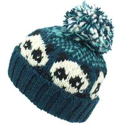 Image of LOUDelephant Wool Knit Bobble Beanie Hat Panda Teal Green