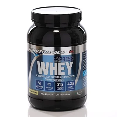 Image of Boditronics Express Whey Protein Powder Muscle Building with Dietary Fibre, BCAA and High Levels of L Glutamine Prebiotic Mass Gainer Isolate Shakes (Peanut Toffee, 900 g)