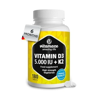 Image of Vitamin D3 5000IU &amp; K2 100ug (MK7) 180 High Strength Tablets 1 Year Supply and for Bone, Teeth, Muscle Function Immune System