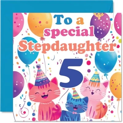 Image of 5th Step Daughter Birthday Card Cute Cats Special Happy for from Mum Dad, 145mm x Age 5 Five Greeting Cards