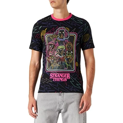 Image of Stranger Things Neon Characters Print T Shirt, Adults, S 5XL, Black, Official Merchandise