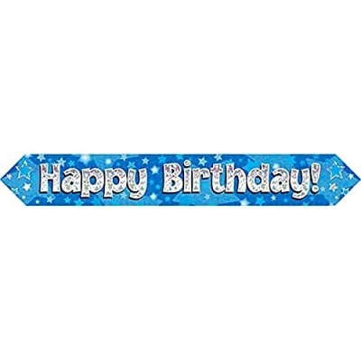 Image of 9ft Blue &amp; Silver Stars Holographic Happy Birthday Banner (2.7m length)