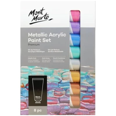 Image of MONT MARTE Metallic Acrylic Paint Set 8 Piece x 36 ml Tubes, Lightfast Colors with Smooth Consistency and Opaque Finish.