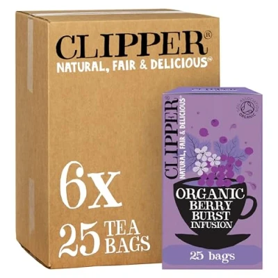 Image of Clipper Organic Berry Burst Tea Bags 150 Infusion Blackcurrant &amp; Mix Fruit Teabag Sachets (6x Boxes of 25) Bulk Buy, Home Catering Caffeine Free Herbal Natural, Unbleached, Biodegradable