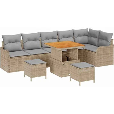 Image of vidaXL 9 Piece Garden Sofa Set with Cushions Beige Poly Rattan Acacia