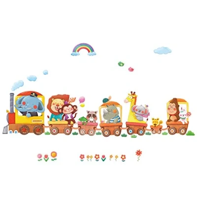 Image of DECOWALL DA 1406A Animal Trains Kids Wall Stickers Decals Peel and Stick Removable for Nursery Bedroom Living Room Art murals Decorations