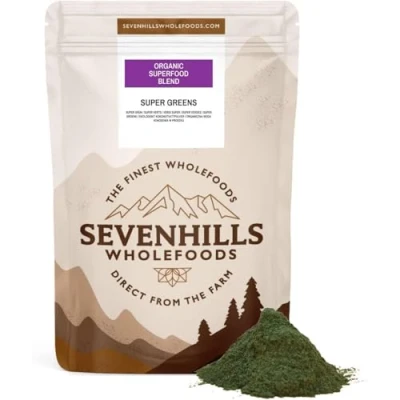 Image of Sevenhills Wholefoods Organic Super Green Superfood Blend 200g, 40 Servings, Supports Skin, Immunity &amp; Tiredness, Powder with Spirulina, Chlorella, Wheatgrass, Barley Grass