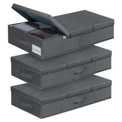 Image of Underbed Storage, 3 Pack Large Under Bed Storage Box with Lid, 45L Foldable Bags W/ Handle, Organiser Drawer Containers for Clothes Blankets Duvets Pillows Bedding
