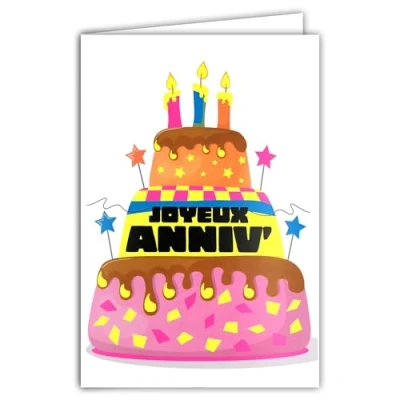 Image of 69 8132 Happy Birthday Cake Card With 3 Lighted Candles Stars Envelope 12 x 17.5 cm White Interior for Writing Real Neon Inks Created and Made in France
