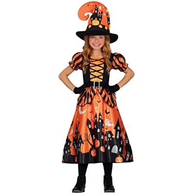 Image of FIESTAS GUIRCA Magical Orange Witch Fancy Dress for Girls including Hat Halloween Costumes 10 12 years