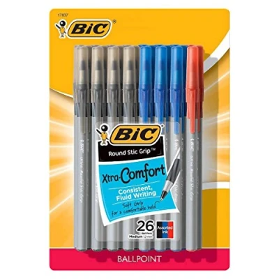 Image of Bic Round Stic Grip Xtra Comfort Stick Ball Point Pens, 1.2mm, Medium Point, Assorted Colors, Pack of 26