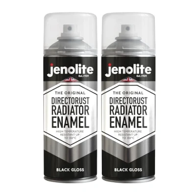 Image of JENOLITE Directorust Radiator Enamel Spray Paint BLACK Gloss Finish Resistant to 130ºC Durable, Scuff Resistant, Non Yellowing No Primer Needed 2 x 400ml