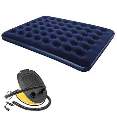 Image of Crystals Large Flocked Airbed Inflatable Camping Blow Up Mattress Air Bed And Electric Pump, Blue (Queen (U.K. Standard) + Foot Pump)