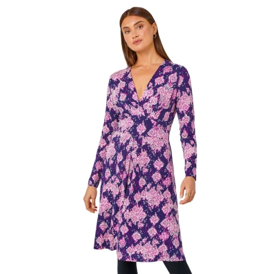 Image of Roman Originals Stretch Wrap Dress for Women UK Ladies Fit &amp; Flare Skater Summer Spring Holiday V Neckline Comfy Short Sleeve Soft Knee Length Frock Everyday Gowns Purple Size 10