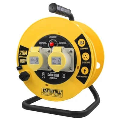 Image of Faithfull Open Cable Reel 110V 20m 16A 2 Socket (1.5mm Cable)