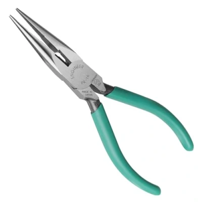 Image of Long Nose Pliers (160mm) with Integral Wire Cutting Jaws. Made in Japan. ENGINEER pr 16, Green