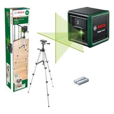 Image of Bosch Cross line Laser Quigo Green with Tripod (Green for Better Visibility, housing Made of Recycled Plastic, in Cardboard Box)